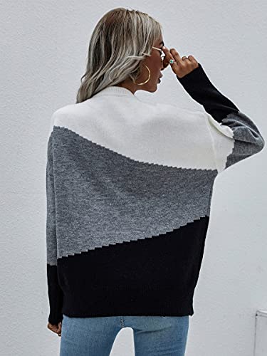 Image of ECOWISH Women Sweater Long Sleeve Color Block Knit Pullover Sweaters Crew Neck Patchwork Casual Loose Jumper Tops