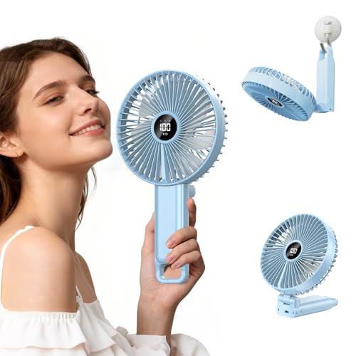 VanSmaGo Ventilador portátil, aspas de 6 pulgadas, alto flujo de aire con 5 velocidades y pantalla digital, ventilador de mano plegable de 180° con diseño de gancho, hasta 8.5 horas de tiempo de