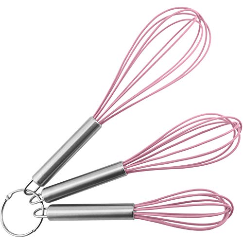 Silicone Whisks 3 Pack 81012 Whisk Set Frother Kitchen Balloon Wire Wisks for Cooking Whisking Blending Stirring Beating Pink