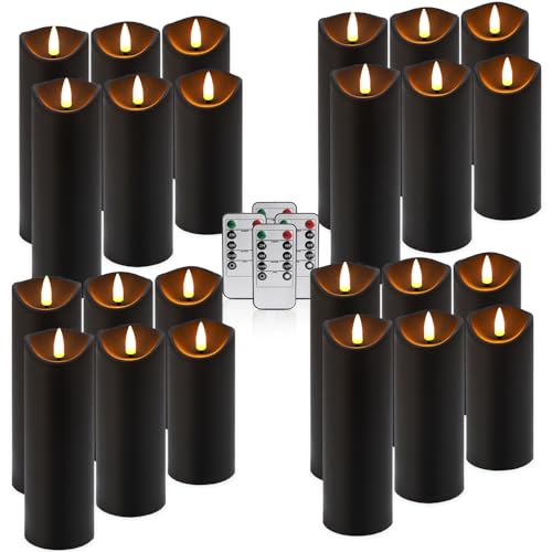 Image of fclayvts Realistic Flameless LED Candle Black Set of 24, Battery Operated with Remote Control, 3D Flame Pillar Timer Funtion Melted Top Safe,Perfect for Indoor /Outdoor Decor,Wedding,BBQ and Gift