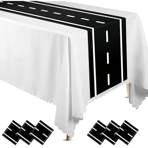 Preboun 6 Pcs Plastic Checkered Table Runner 14 x 108 Inch Racetrack Road Table Runner for Two Fast Car Theme Birthday Racing Party Decor Events Supplies (Race Road) Cover