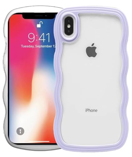 Image of GoldKart iPhone X /Xs Case Wavy Edge Clear Back Design, Anti-Slip Grip Cute Wave Curly Frame Shape Shockproof Soft TPU & Hard PC Bumper Protective Phone Case Cover for Women Girls - Purple