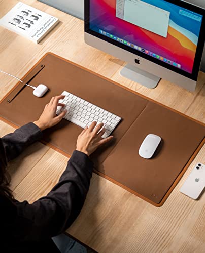 Image of DailyObjects Dart Large Premium Vegan Leather Desktop /Laptop Desk Mat for Work from Home /Office /Gaming | Cable Organiser & Hideway Storage | Extended Mousepad & Water-Resistant - Tan - Model - R2
