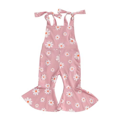 Image of Emmababy Baby Girl Bell Bottoms Romper Toddler Floral Overalls Suspender Flare Pants Sleeveless Strap Jumpsuit Fall Clothes