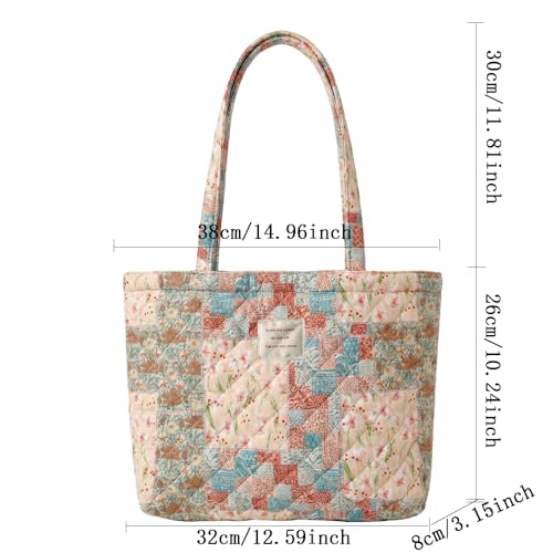 Image of Floral Quilted Cotton Shoulder Bag for Women Medium Size Handbag Large Capacity Thickened Design Tote