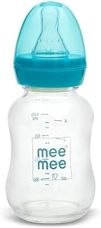 Mee Mee Glass Feeding Bottle 120ml| Baby Milk Bottle with Eazy Flo Technology, Anti-Colic Valve, Anti-Slip Ergonomic Shape & Slim Neck | BPA-Free, Borosilicate Glass Feeding Bottle Upto 3 Years (Blue)