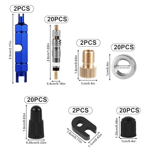 Image of Tinoaly Valve Core Repair Kit, Includes Brass Valve Cores, Caps, Removal Tools, Wrenches, Converters & Nuts, Bike Tire Rebuild Kit Compatible with Presta & Schrader for MTB, Road Bikes, Car Tires