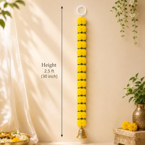 Image of Bindian Artificial Marigold Flower Toran 2.5 Ft Yellow with Leaf & Bells | Decorative Bandanwar for Diwali, Pooja, Wedding, Festival, Home Entrance & Wall Decoration (Pack of 10)