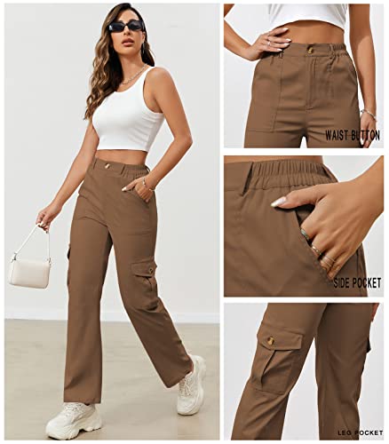 Miladusa Womens Cargo Pants High Waisted Hiking Pants Travel Straight Leg Pants With Pockets Brown #TOP2