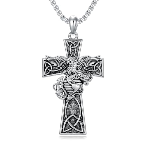 Marines Cross Necklace for Men 925 Sterling Silver Marines Pendant Celtic Birthday Jewelry for Husband Father