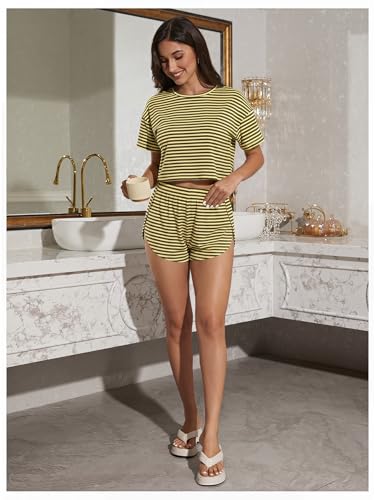 Image of OYOANGLE Womens Pajama Sets 2 Piece Sexy Lounge Sets Summer Cute Pjs Striped Print Tee and Side Split Shorts Set