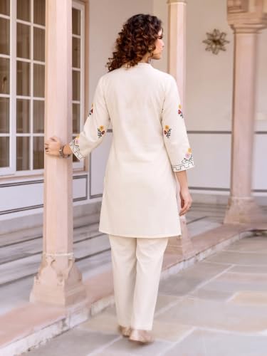 Image of ANNI Designer Women Kurta Set | Cotton Embroidered A-Line Kurta with Pant Co-ord Set | 3 /4 Sleeve Mandarin Collar Kurti Set for Women | Daily Office Party Wedding Ethnic Suit