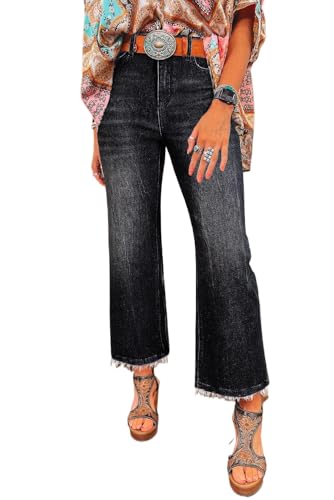 Hotmiss Womens Flared Straight Leg Jeans High Waisted Bootcut Stretchy Loose Raw Hem Denim Pants