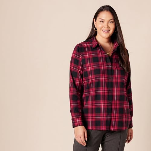 Image of Amazon Essentials Women's Regular-Fit Long-Sleeve Lightweight Plaid Flannel Shirt with Brushed Finish, Shirttail Hem