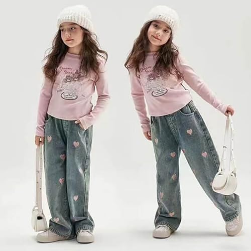 Moonker Girls Baggy Wide Leg Straight Jeans Distressed Cute Heart Embroidery Y2k Trousers Hight Waist Palazzo4