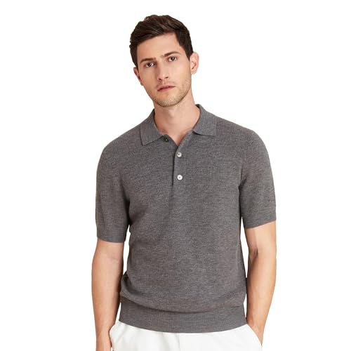 GreenMount Men's Cashmere Polo Shirt Jacquard Short Sleeve Soft Light Weight