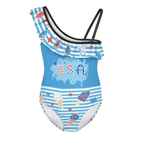 Jeiento Girls One Shoulder Swimsuits American Flag Kids One Piece Bathing Suit Beach Pool Swimwear for Independence Day Party - Main Image
