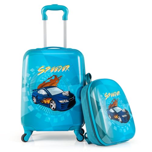 COSTWAY Juego de 17' Maleta Cabina Infantil con 13' Mochila Rígida, Maleta Viaje Niños con Ruedas Universales, Equipaje de Viaje para Niños con Mango Ajustable (Coche)