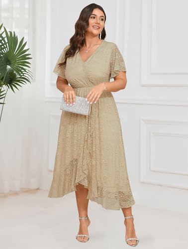 Image of SCOMCHIC Womens Plus Size Wedding Guest Dress Formal Lace Wrap V Neck High Low Short Sleeve Cocktail Maxi Dresses XL-4XL