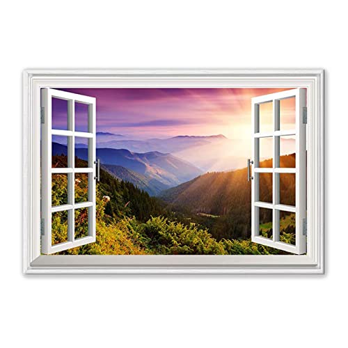 Tableau de Paysage-Impression sur toile Fausse Fenêtre-Decoration Murale Salon Moderne 3D fenêtre Vue Tableau XXL-Image Paysage Montagne du coucher du soleil 30x45cm(12x18in)Sans cadre