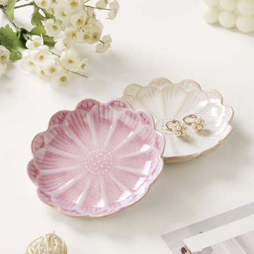 Image of Lotus Ring Holder Dish Small Indoor Ash Tray, Ceramic Dessert Plate Trinket Jewelry Holder Organizing Necklace Earrings for Parents Friends Sister, Pink. All Jewelries Are NOT Included.