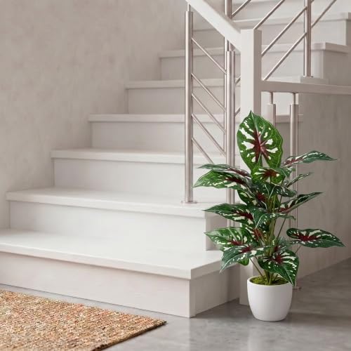 Image of Dekorly Artificial Caladium Plant Tree with White Pot 26 Inches | 66CM- Realistic Faux Leaf Plant for Home Decor, Bedroom, Living Room & Office (White Doted Caladium |Pack of One)