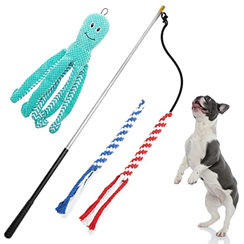 Flirt Pole for Dogs - Interactive Retractable Teaser Wand with 2 Rope Chew Toys and 1 Plush Refill for Dogs Training