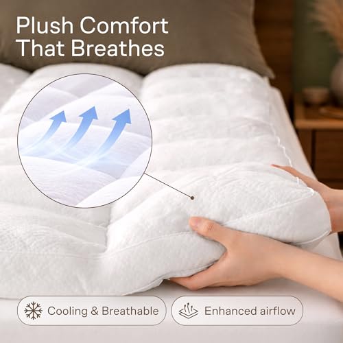 Image of Ultra-Thick Shredded Memory Foam King Size Mattress Topper - Breathable & Balanced Pad for Back Pain Relief with Soft Viscose Made from Bamboo Cover, White