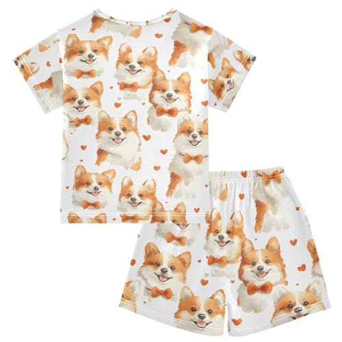 ALAZA Dog with Bow Tie Heart Pajamas Set Short Sleeve Cotton Sleepwear Summer Pjs 2 Piece 5-14Y2