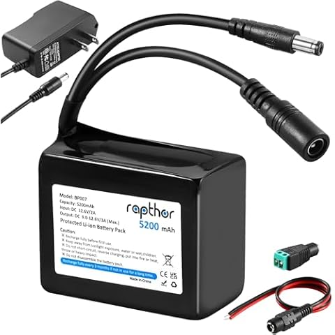rapthor Rechargeable 12V 5200mAh Lithium ion Battery Pack with Charger Compatible with 12V Devices, Bike Light, DIY Project, Radio, Fishing Light,LED Light Strip, CCTV Camera Cover