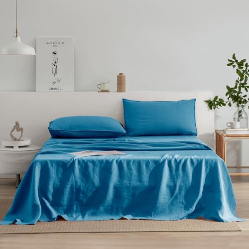 EVERLY Linen Twin Sheets Set, 100% Stonewashed French Linen Bed Sheets Deep Pocket Sheets, 3 Pieces (1 Flat Sheet, 1 Fitted Sheet, 1 Pillowcase) Natural Flax Bedding Set-Blue