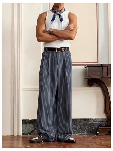 Men's Striped Wide Leg Pants Baggy Zipper Fly Pleated Dress Pants Formal Suit Slacks Casual Business Loose Trousers3