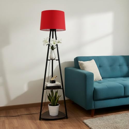Image of Tripod Metal Floor Lamp with Shelves Stylish Standing Lamp for Living Room Decoration Bedroom Corner Stand Aesthetic Home Decor (Vivid Red) LED Bulb Included