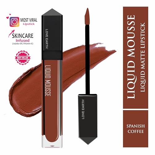 Image of Love Earth Liquid Mousse Lipstick - Spanish Coffee Matte Finish | Lightweight, Non-Sticky, Non-Drying,Transferproof, Waterproof | Lasts Up to 12 hours with Vitamin E and Jojoba Oil - 6ml