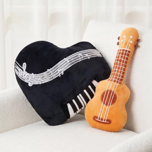 Wonderjune 2 Pcs Soft Rock Star Plush Pillow Set 18.5" Guitar Stuffed Plush 17.7" Piano Pillow Instrument Stuffed for Birthday and Roll Music Party Decoration or Music Festivals Gifts