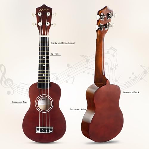 adm ukulele for beginners hawaiian wood ukelele kit for kids adult student starter professional ukalelee pack bundle with free lessons gig bag strap nylon string tuner brown 21 inch