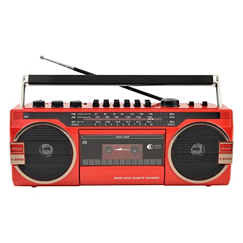 Portable Bluetooth Boombox, Retro Built-In Stereo Speaker with Cassette Player USB TF Card Play Tape Music Player Recorder 5.0 Bluetooth Speakers Radio Classic 80s Style (Color : Red)
