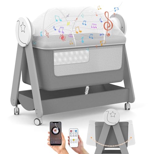 Image of Electirc Baby Bassinet, Rocking Baby Bassinets Bed Sleeper for Newborn with Remote Control,Smart Baby Crib with Wheels, Portable Baby Cradle for Infant with 3-Speed Swing and Timer,Bluetooth(Gray)