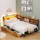Bellemave Twin Corner Bed Frame with Storage, Twin Size Captains Bed with Charging Station and LED Light, Wood Daybeds with L-Shaped Bookcase and 2 Drawers, Brown