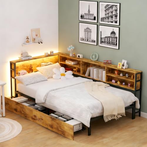 Bellemave Twin Corner Bed Frame with Storage, Twin Size Captains Bed with Charging Station and LED Light, Wood Daybeds with L-Shaped Bookcase and 2 Drawers, Brown