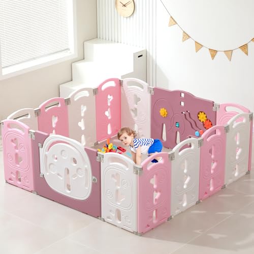 LulliSpace Baby Playpen,Foldable Playpen for Babies and Toddlers,Kids Activity Centre Safety Play Yard,Safety Gates for Indoor&Outdoor,Toddler Fence Play Area,Portable, Educational, 14 Panels