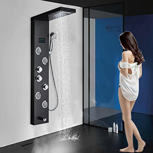 Moderno panel de ducha de acero inoxidable negro con sistema de boquilla de cascada de lluvia, columna de ducha mezcladora para una experiencia de baño lujosa.
