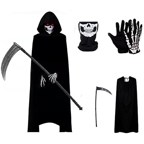 Amebleak Deguisement Faucheuse Adulte, Halloween Déguisement, Costume avec Masque de Crâne, Gants, Faux, Cape à Capuchon Noire pour Cosplay Carnaval