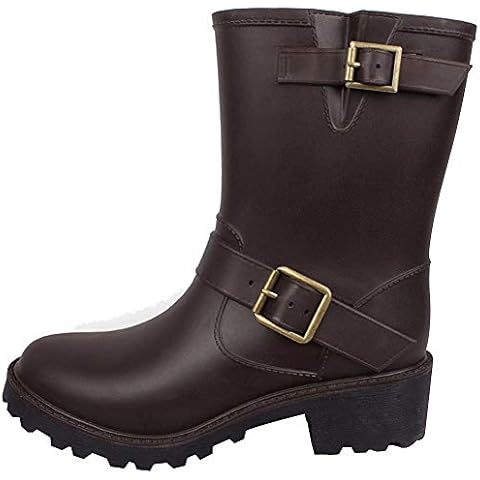 ANUFER Women's Chunky Heel Adjustable Buckle Slip on Rain Boots Mid-calf Wellington Boots Coffee SN01009 UK5.5 Cover
