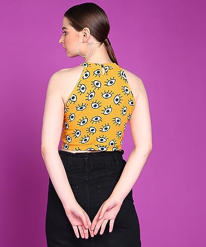 Image of POPWINGS Women Casual Yellow Eye Printed Sleeveless Halter Neck String Knot Crop Top | Women Tops | Women Regular Tops | Women Tops | Women Stylish Tops