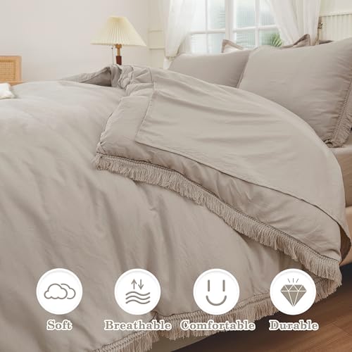 Image of Andency Wheat Full Size Comforter Set with Sheets - 7 Pieces Boho Tassel Bed in a Bag Soft Lightweight Bedding Sets, Wheat Fringe Bed Set with Comforter, Sheets, Pillowcases & Shams