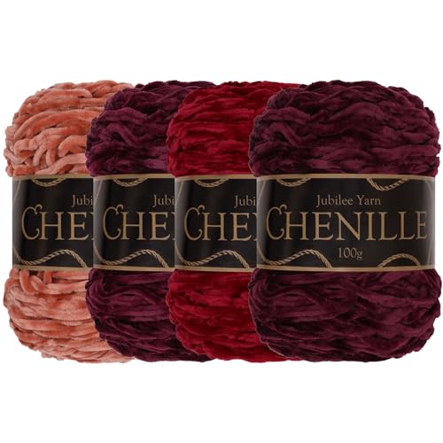 JubileeYarn Chenille Yarn - Worsted Weight - 100g/cake - Shades of Red - 4 Cakes