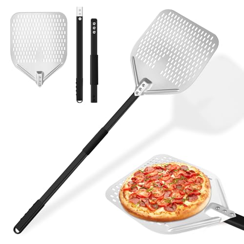 TNOMSNO Pala para Pizza Perforada, 12 Pulgadas Profesional Aluminio con Mango Desmontable para Barbacoa Cocinar Pizzas, Sartén, 40x30cm
