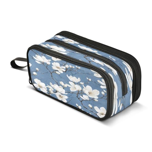 Astuccio con fiori bianchi grande capacità per ragazzi e ragazze astuccio a 3 scomparti per studenti cancelleria organizer per pennarelli per scuola ufficio lavoro Fiore blu bianco