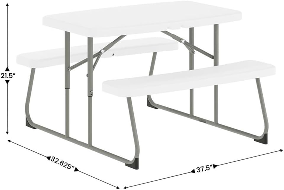 Pemberly Row Kids Folding Picnic Table with Benches, 32.625"W x 37.5"D x 21.5"H, White Waterproof Plastic Top, Powder Coated Steel Frame, Indoor/Outdoor Use, Seats 4, Folds Flat for Storage, Ages Up